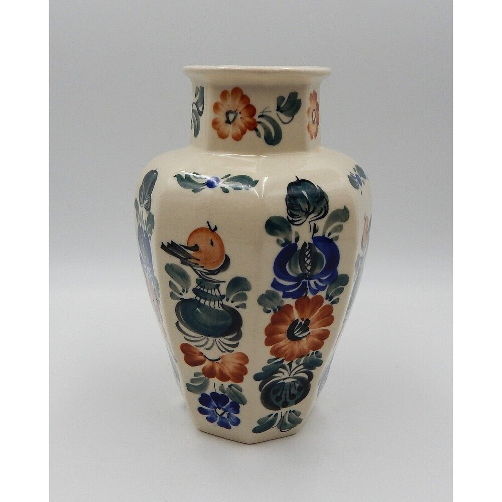 Wloclawek Vase Polish Pottery Hand Painted 8 Panel Blue Burgundy Floral 9.5 Inch